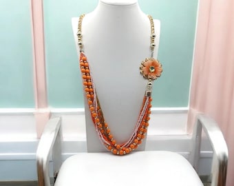 Colar laranja para mulheres - Colar em camadas - Colar babador - Colar boho - Colar único - Colar statement - Colar de flores