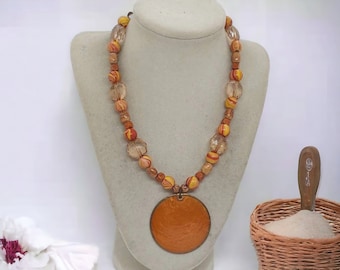 Orange Wooden Necklace - Shell Necklace For Her - Wood Necklace For Women - Orange Necklace For Her - One Of A Kind Necklace - Gift For Her