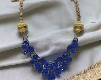 Jeweled Necklace - Blue and Gold Necklace For Her - Bib Necklace - Statement Necklace - Bridesmaid Necklace - One Of A Kind Necklace - Gift