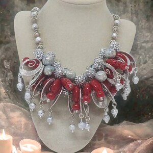 Red and Silver Necklace For Her - Statement Necklace - One Of A Kind Necklace - Bib Necklace - Valentine&#39;s Day Gift - Sparkle Necklace