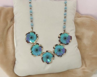 Flower Necklace - Sequin Necklace - Blue Necklace For Women - Blue Flower Necklace - One Of A Kind Necklace - Statement Necklace - Gift
