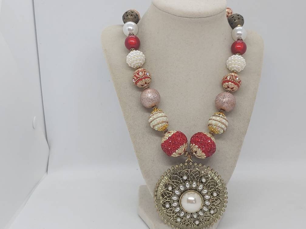 Red and Gold Necklace for Her Jeweled Necklace Etsy
