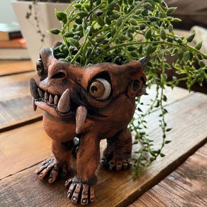 May include: A terracotta planter shaped like a monster with large eyes and teeth, holding a green succulent plant.