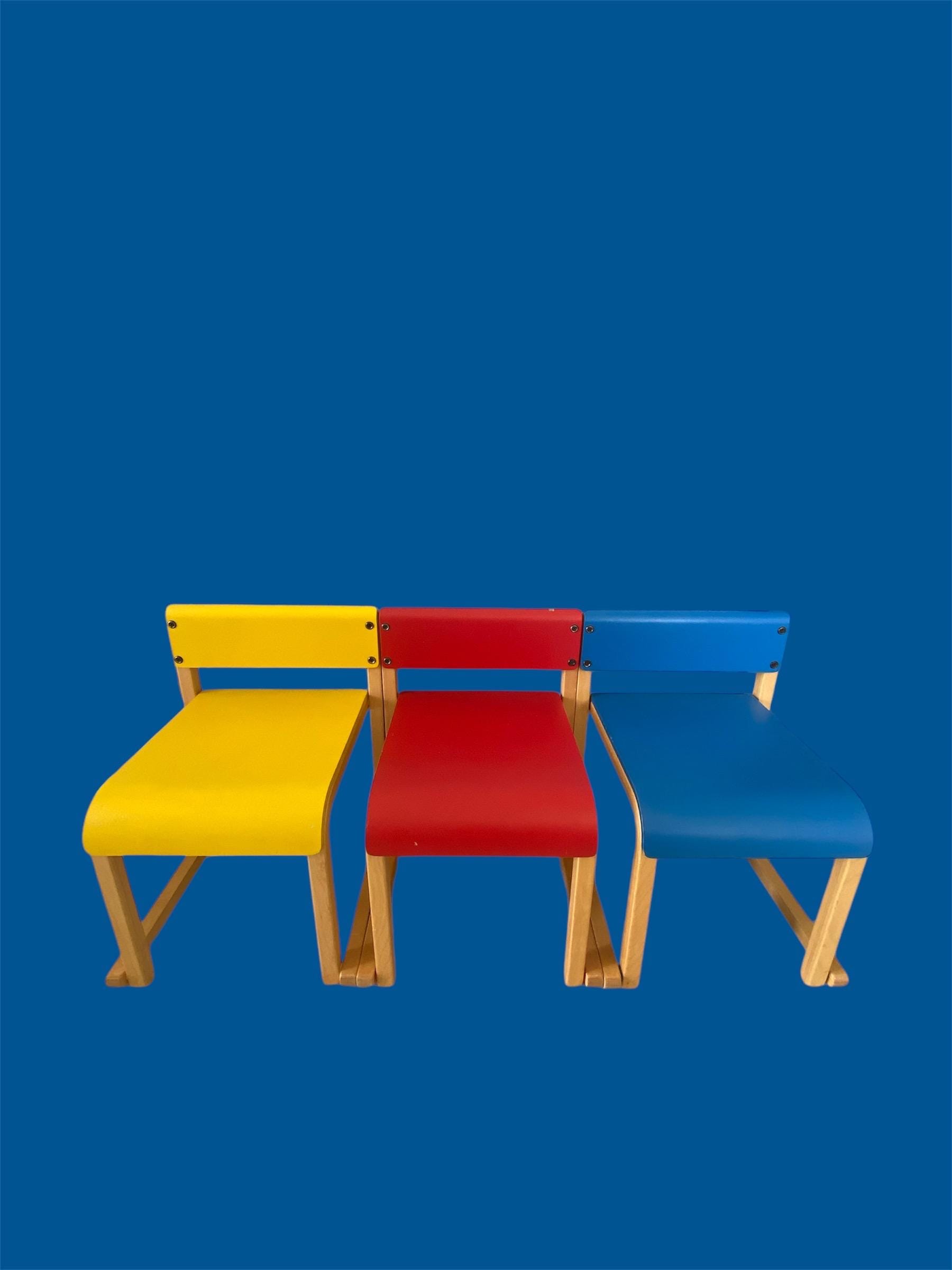 Finnish vintage stackable children’s chairs set of three, Designed by Kari Asikainen in 1985, made by korhonen oy in Finland
