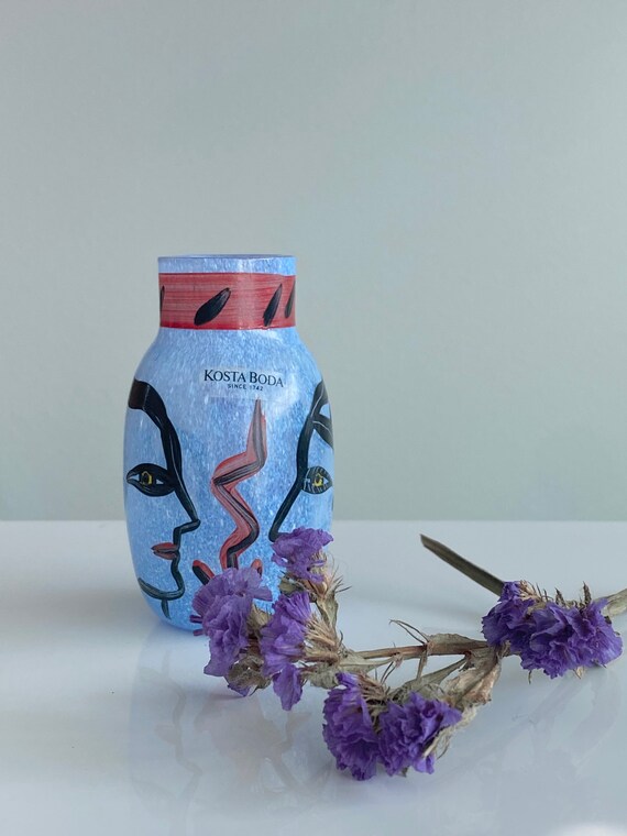Rare Signed/ Vintage Kosta Boda Glass Vase Hand Painted by Ulrica