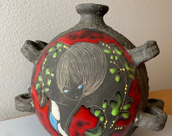 A funk Italian ceramic pottery vase with lady head with highly textured Fat Lava style finish. Made in the San Marino area in Italy
