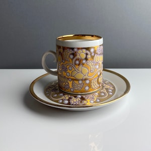 Vintage Arabia Finland gilded coffee cup set named &quot;Iiris&quot;- Designed by Anja Jaatinen-Winquist. 1960,Made in Finland