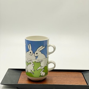 Rare Vintage Arabia Finland ceramic bunny mug pair designed by Heljä Liukko-Sundström, 1990s, Made in Finland