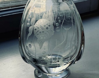 Super beautiful Kosta Boda Art Glass Vase Hand Etched . Made by Boda sweden