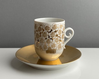 Highly collectible-Vintage Arabia Finland gilded mocha coffee cup set named "Mira"- Designed by Esteri Tomula-Made in Finland