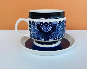 Vintage Arabia Finland Lintu Sininen Tea Cup Set, Raija Uosikkinen Design