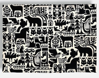 May include: Black and white repeating pattern featuring stylized animals and plants. The pattern includes bears, deer, birds, foxes, and trees. The background is a cream color.