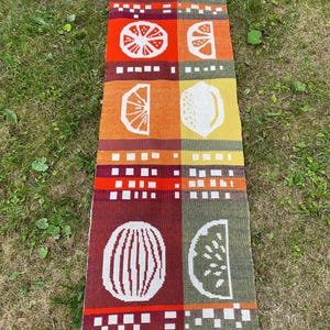 A joyful vintage Finnish woolen tapestry  (Täkänä ) Wool Tapestry with Fruit Motif by Maija Kolsi-Mäkelä, 1950s, made in Finland