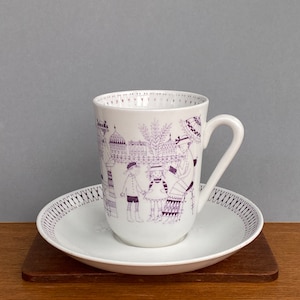 Super rare vintage Arabia Finland Emilia ceramic cocoa cup set with Purple color by Raija Uosikkinen, 1950s - Made in Finland
