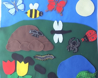 Bug's Life Felt Board Set with 9 insects.  Daycare ECE literacy circle time bug ant spider ladybug butterfly centipede anthill pond