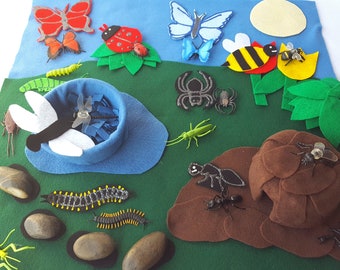 2 in 1 set Bug's Life sensory bin and felt board kit.  Daycare ECE literacy circle time bug ant spider ladybug butterfly habitat insect
