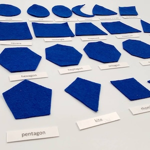 May include: A set of blue felt shapes with corresponding labels for each shape, including circle, oval, square, rectangle, trapezoid, triangle, crescent, quadrilateral triangle, parallelogram, rhombus, kite, hexagon, heptagon, octagon, nonagon, pentagon, and star.