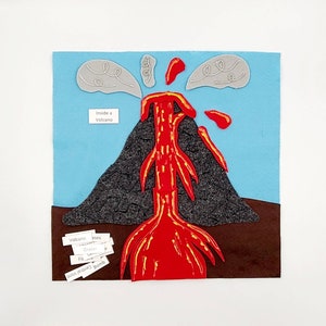 May include: A felt craft depicting a volcano with red lava flowing out of the top. The volcano is surrounded by gray clouds and the words "Inside a Volcano" are written on a white label.