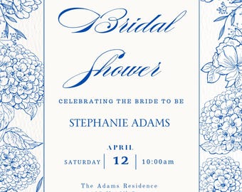 Bridal Shower Invitation Editable Template - Blue Floral