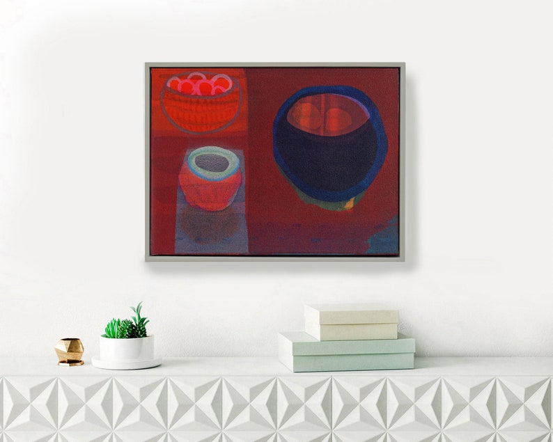 Still Life with Cherries, Red Abstract Painting, Gift for Her Framed