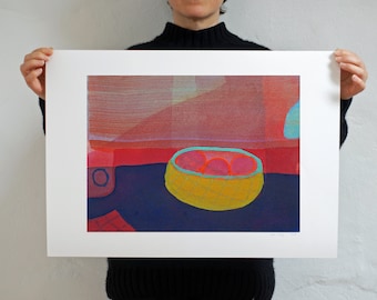 May include: Abstract painting of a bowl of fruit on a dark blue background. The bowl is yellow with a turquoise rim and contains four pink and orange fruits. The background is a layered composition of red, pink, and orange.