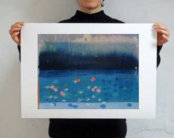 May include: Abstract art print with a blue and white color scheme. The print features a dark blue band across the top, a light blue band across the bottom, and a medium blue band in the middle. The middle band is dotted with small pink and green circles.