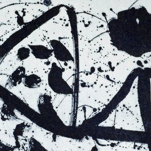 May include: Abstract black and white ink painting with bold brushstrokes and splatters. The painting features a large black shape in the upper right corner and a series of smaller black shapes throughout the composition.