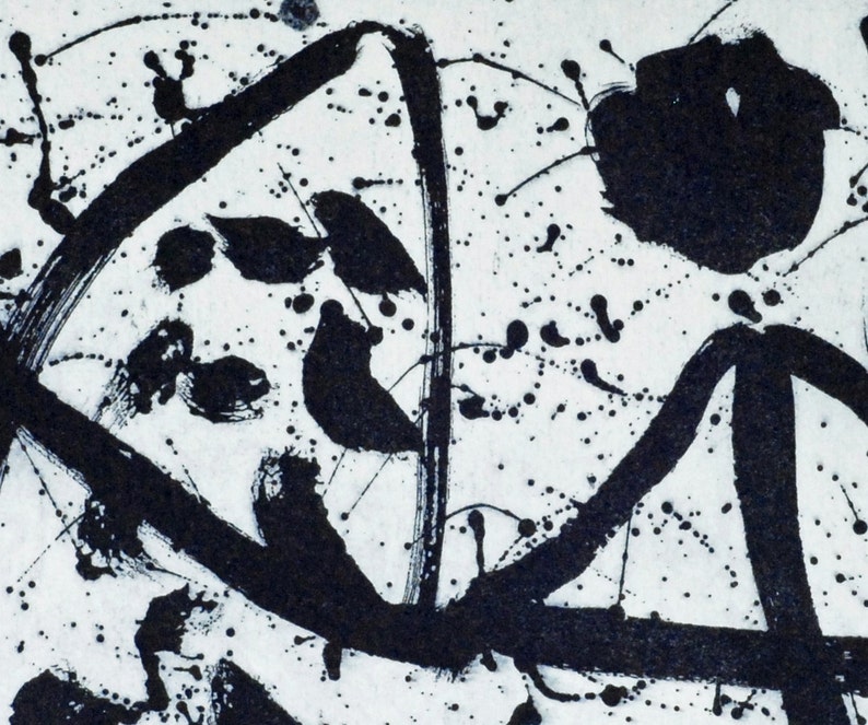 May include: Abstract black and white ink painting with bold brushstrokes and splatters. The painting features a large black shape in the upper right corner and a series of smaller black shapes throughout the composition.