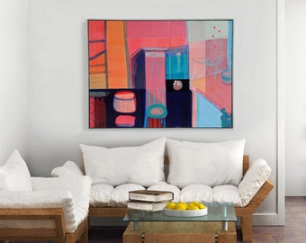 Original Abstract Art, Large Painting Blue and Pink, 'The Dressing Room'