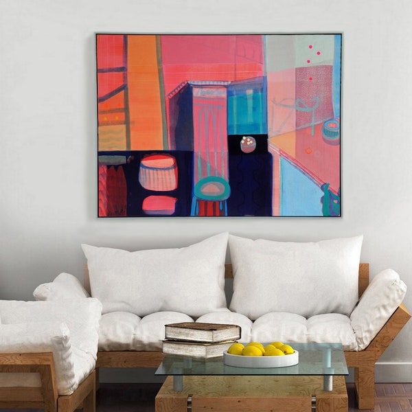 Original Abstract Art, Large Painting Blue and Pink, 'The Dressing Room'