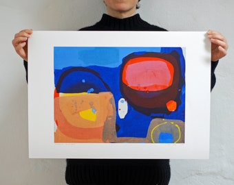 May include: Abstract art print with a blue, red, orange, yellow, and white color scheme. The print features a variety of shapes and textures.
