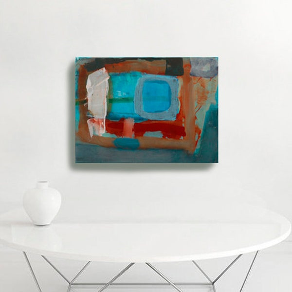 Small Abstract Landscape Painting in Acrylic Paint on Canvas - 'Blue Pool' Framed