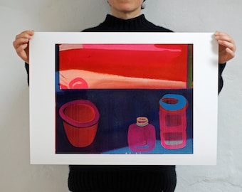 Regalo para ella, impresión artística abstracta roja, 'Alféizar de la ventana al atardecer'
