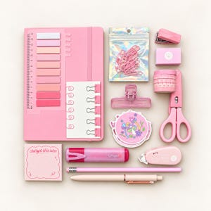 May include: A collection of pink stationery items including a notebook with sticky tabs, a holographic pouch of paper clips, a stapler, a tape dispenser, scissors, a highlighter, a pencil, a pen, a correction tape, and a notepad with the text "chatgpt this later".