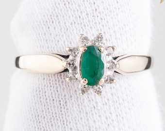 Vintage ~ Emerald and Diamond Ring ~ 10K Yellow & White Gold ~ 5.0 x 3.0 mm Faceted Emerald ~ Single Cut Diamonds ~ STR21002