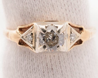 Art Deco ~ Ladies Solitaire Diamond Ring ~ 0.34ct Genuine Late European Cut H/VS2 Diamond ~ 14K Two Toned Gold ~ STR21036