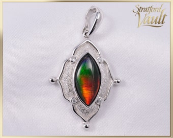 Vintage ~ Canadian A Grade Marquise Ammolite Pendant/Enhancer ~  14k Gold ~ Reds, Oranges, Greens and Blues ~ Diamond Accents ~ STR21112