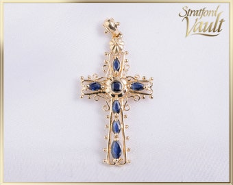 Vintage ~ Filigree Sapphire Cross Pendant ~ 14K Yellow Gold ~ Genuine Marquise and Brilliant Cut Blue Sapphires ~ STR21046