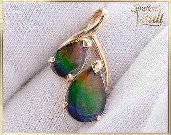 Vintage ~ Canadian Ammolite A Grade ~  14k Yellow Gold Setting ~ Double Teardrop Ammolite Ttriplet Gems ~ STR22090