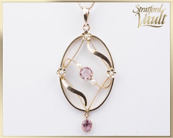 Art Nouveau ~ Pearl & Pink Tourmaline Pendant ~ 9k Yellow Gold ~ Freshwater Pearls ~ Milgrain Set Pink Tourmaline ~ STR21066