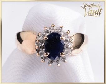 Vintage ~ Ladies Sapphire & Diamond Halo Ring ~ 10K Yellow Gold ~ 0.70ct Oval Blue Sapphire ~ Single Cut Diamonds ~ STR21041