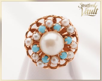 Antique ~ Pearl & Turquoise Ring ~ 12K Rose Gold ~ 8.5 mm Genuine Cultured Pearl ~ Pearl and Turquoise Accents ~ STR22022