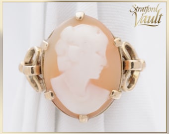 Original Art Deco ~ Oval Shell Cameo Ring ~ 10K Yellow Gold Setting ~ Hand Carved Natural 16 x 12 Oval Shell Cameo ~ STR21042