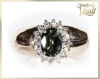 Green Sapphire and Diamond Ring ~ 14k Yellow & White Gold Halo ~ Genuine Green Sapphire ~ Single Cut Diamonds ~ STR22085