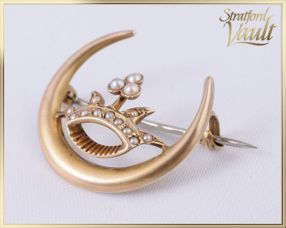 Antique Art Nouveau ~ Seed Pearl Crescent Moon an… - image 1