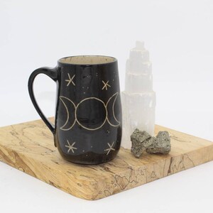 Mug, Black and Tan Goddess Moon Mug, Handmade, Stoneware, ceramic, coffee and tea cup