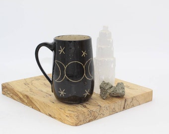 Mug, Black and Tan Goddess Moon Mug, Handmade, Stoneware, ceramic, coffee and tea cup