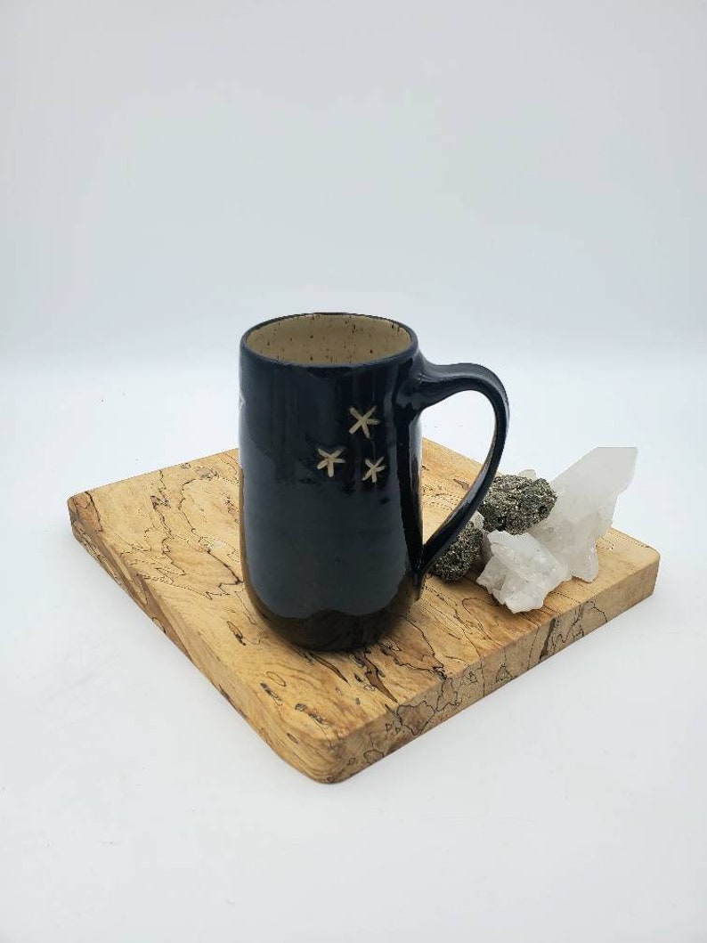 Mug, Hand Carved Black and Tan Peony Mug, Handmade, Stoneware, ceramic, coffee and tea cup image 2