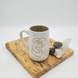 Mug, Hand Carved White and Tan Rose Mug, Handmade, Stoneware, ceramic, coffee and tea cup