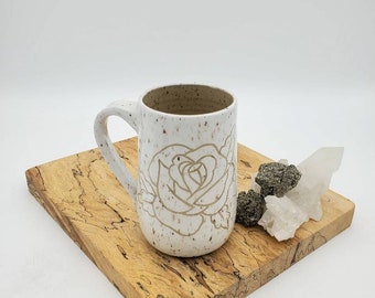 Mug, Hand Carved White and Tan Rose Mug, Handmade, Stoneware, ceramic, coffee and tea cup